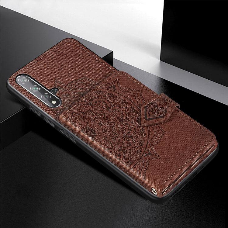 For Huawei Honor 20 Mandala Embossed Magnetic Cloth PU + TPU + PC Case with Holder & Card Slots & Wallet & Photo Frame & Strap