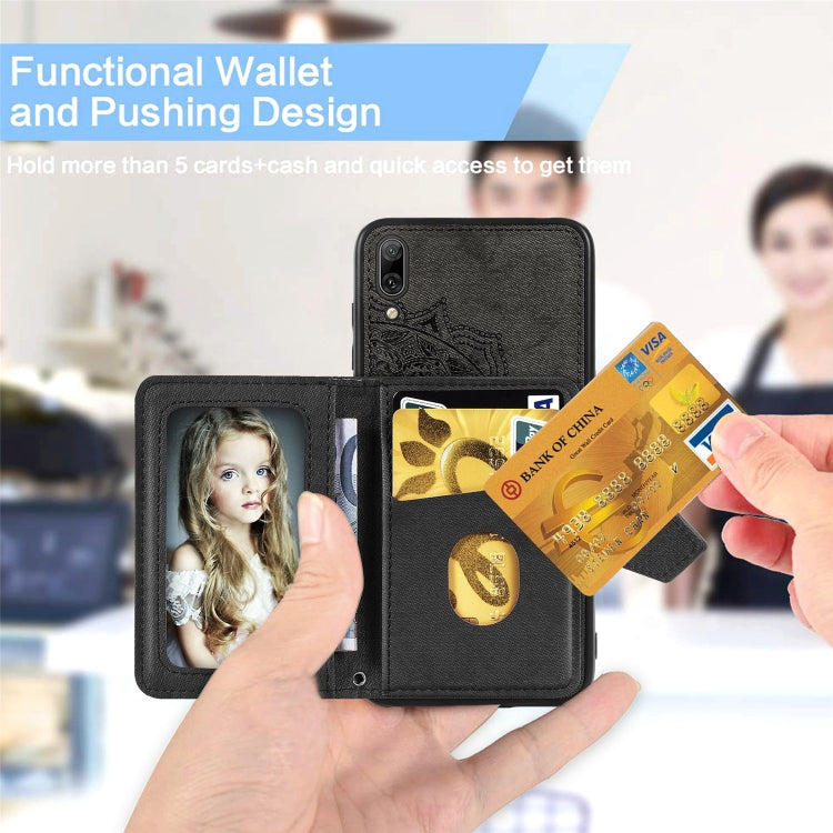 For Huawei Enjoy 9 Mandala Embossed Magnetic Cloth PU + TPU + PC Case with Holder & Card Slots & Wallet & Photo Frame & Strap