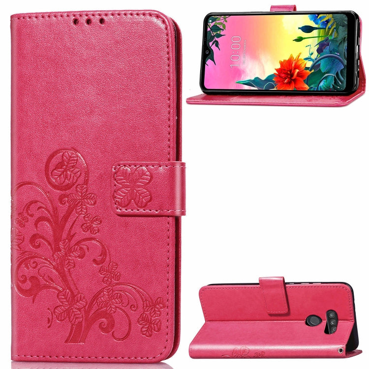 For LG K50S Four-leaf Clasp Embossed Buckle Mobile Phone Protection Leather Case with Lanyard & Card Slot & Wallet & Bracket Function