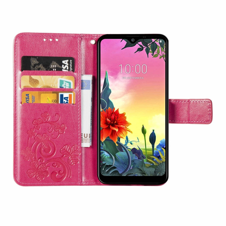 For LG K50S Four-leaf Clasp Embossed Buckle Mobile Phone Protection Leather Case with Lanyard & Card Slot & Wallet & Bracket Function