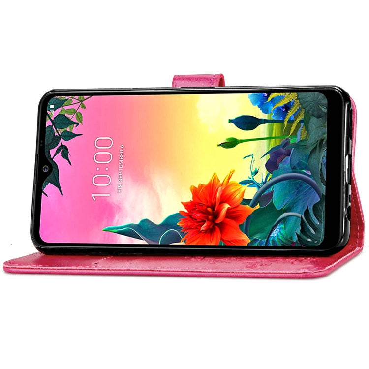 For LG K50S Four-leaf Clasp Embossed Buckle Mobile Phone Protection Leather Case with Lanyard & Card Slot & Wallet & Bracket Function