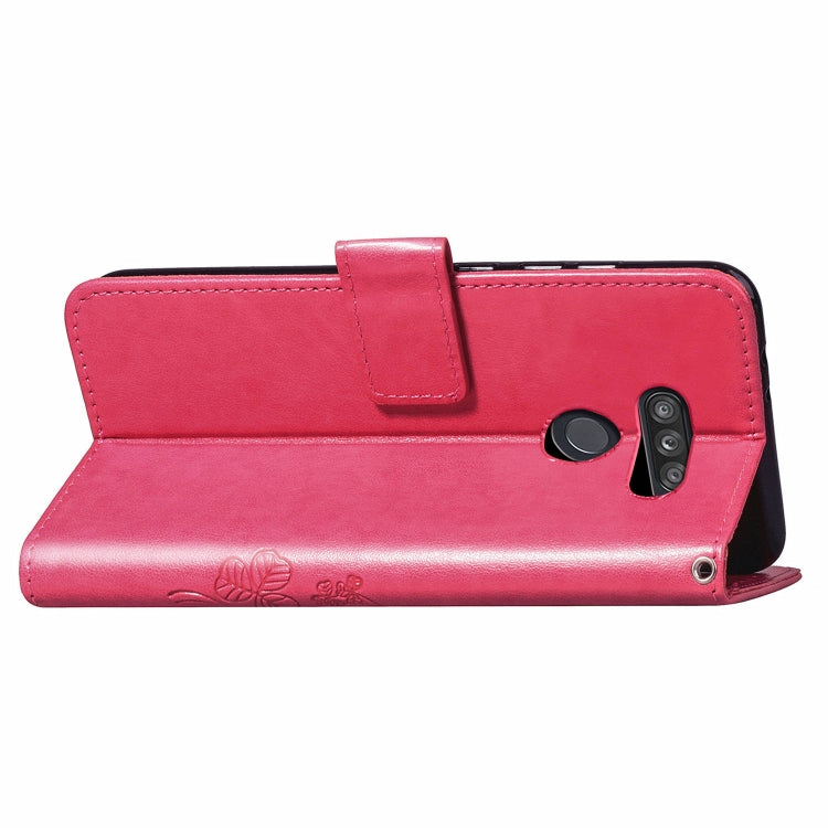 For LG K50S Four-leaf Clasp Embossed Buckle Mobile Phone Protection Leather Case with Lanyard & Card Slot & Wallet & Bracket Function