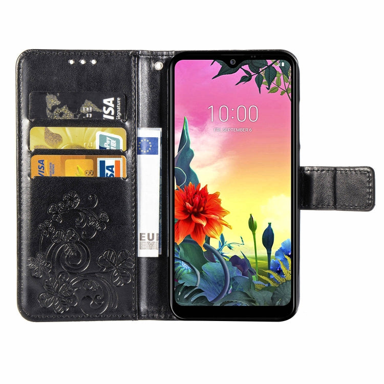 For LG K50S Four-leaf Clasp Embossed Buckle Mobile Phone Protection Leather Case with Lanyard & Card Slot & Wallet & Bracket Function