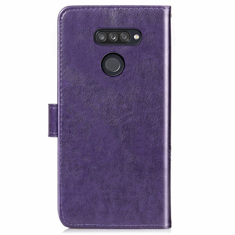 For LG K50S Four-leaf Clasp Embossed Buckle Mobile Phone Protection Leather Case with Lanyard & Card Slot & Wallet & Bracket Function