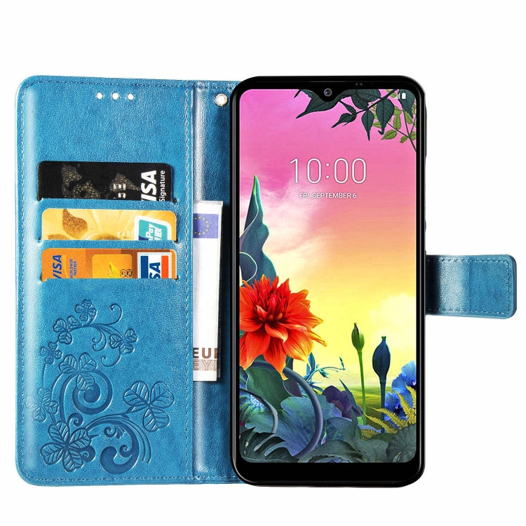 For LG K50S Four-leaf Clasp Embossed Buckle Mobile Phone Protection Leather Case with Lanyard & Card Slot & Wallet & Bracket Function