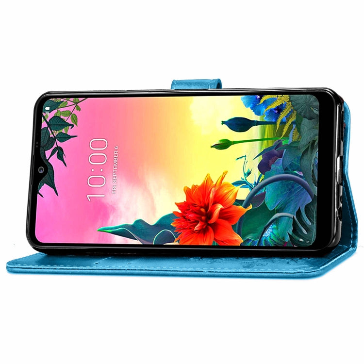 For LG K50S Four-leaf Clasp Embossed Buckle Mobile Phone Protection Leather Case with Lanyard & Card Slot & Wallet & Bracket Function