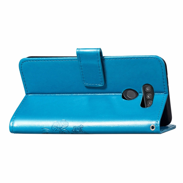 For LG K50S Four-leaf Clasp Embossed Buckle Mobile Phone Protection Leather Case with Lanyard & Card Slot & Wallet & Bracket Function