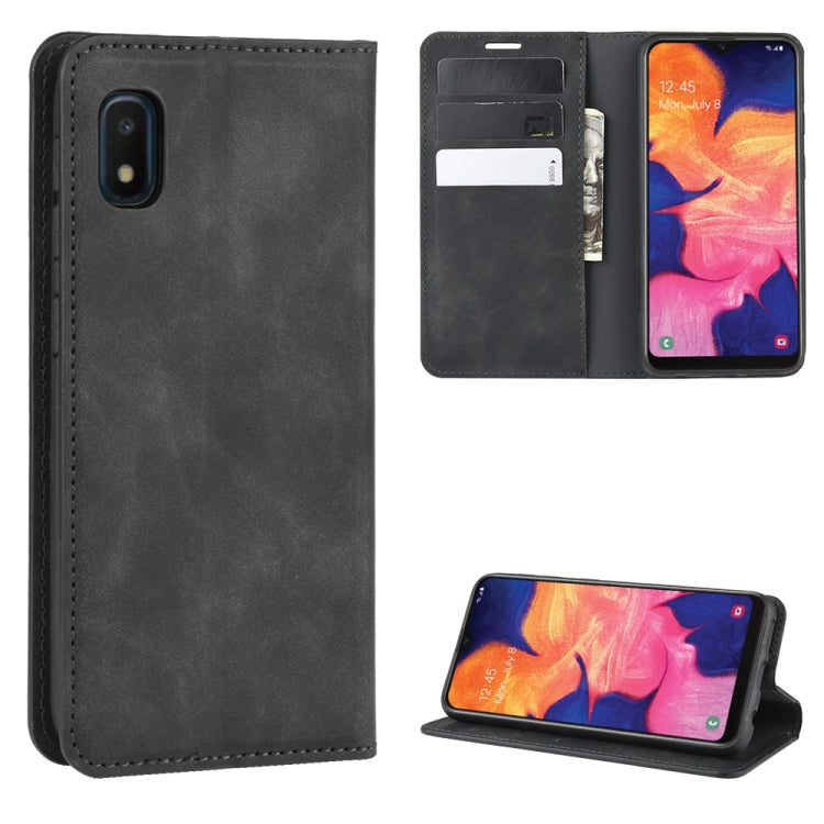 For Galaxy A10e Retro-skin Business Magnetic Suction Leather Case with Holder & Card Slots & Wallet