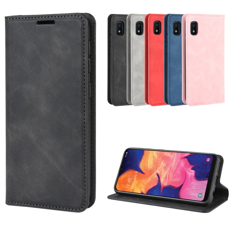 For Galaxy A10e Retro-skin Business Magnetic Suction Leather Case with Holder & Card Slots & Wallet