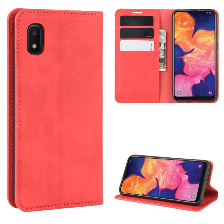 For Galaxy A10e Retro-skin Business Magnetic Suction Leather Case with Holder & Card Slots & Wallet