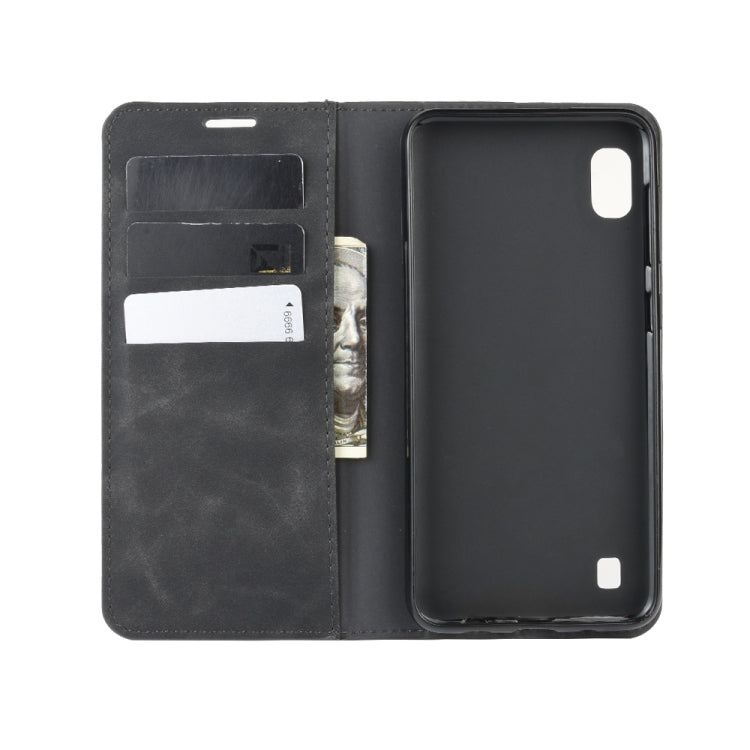 For Galaxy A10 Retro-skin Business Magnetic Suction Leather Case with Holder & Card Slots & Wallet