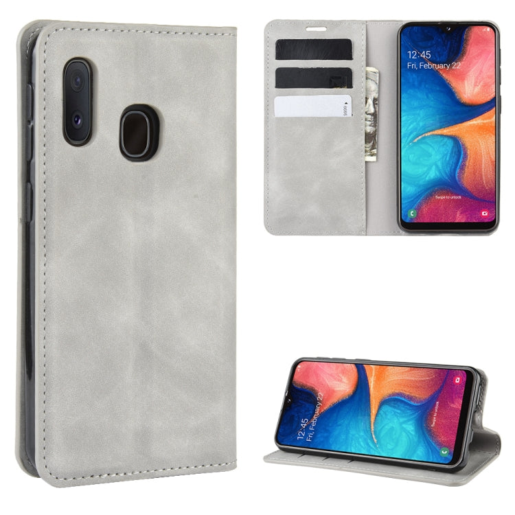 For Galaxy A20e Retro-skin Business Magnetic Suction Leather Case with Holder & Card Slots & Wallet