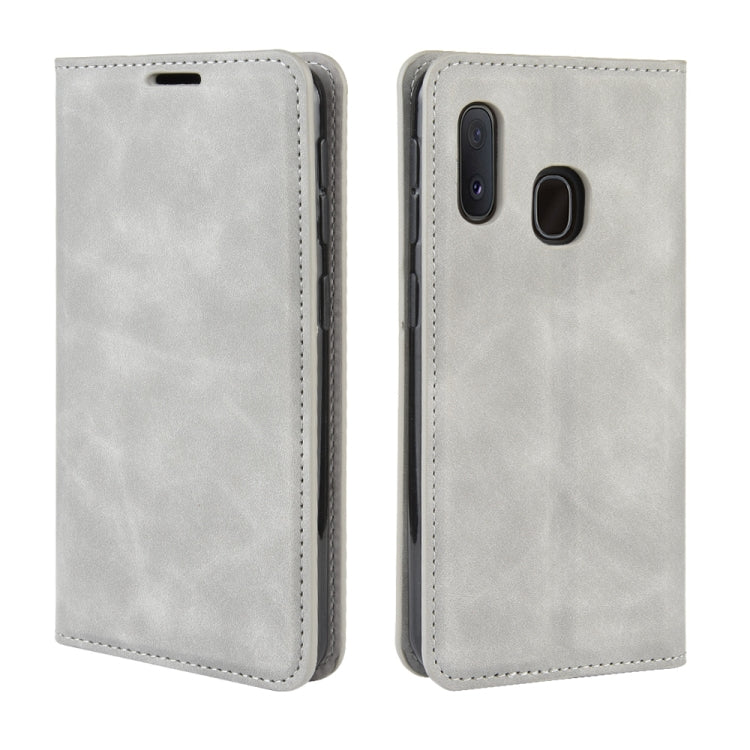 For Galaxy A20e Retro-skin Business Magnetic Suction Leather Case with Holder & Card Slots & Wallet