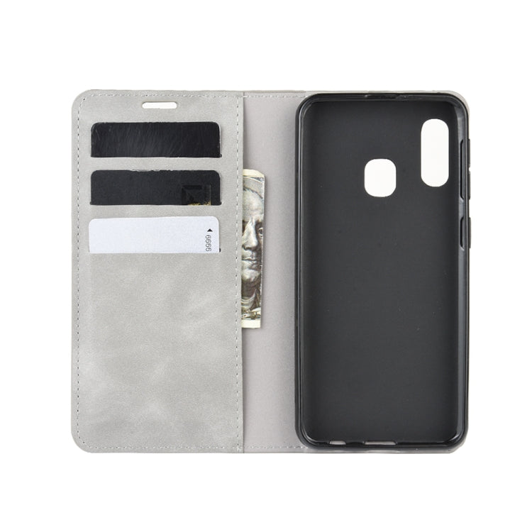 For Galaxy A20e Retro-skin Business Magnetic Suction Leather Case with Holder & Card Slots & Wallet