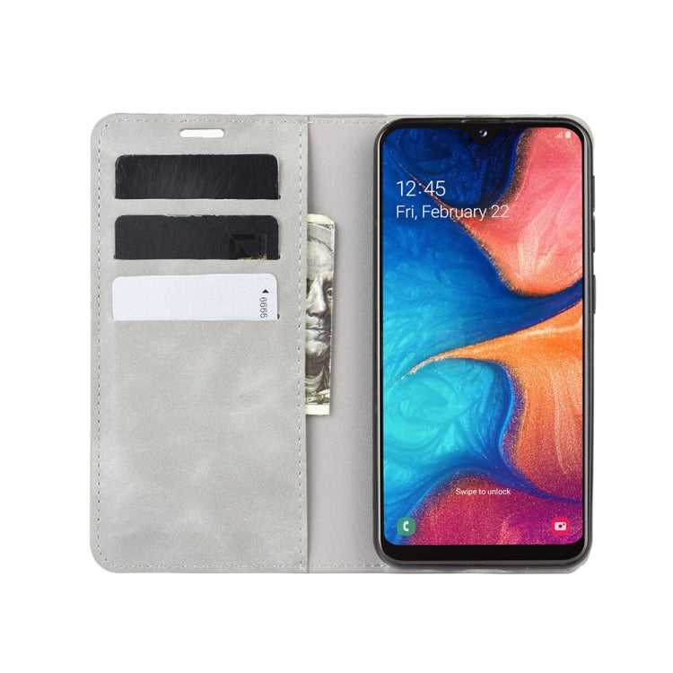 For Galaxy A20e Retro-skin Business Magnetic Suction Leather Case with Holder & Card Slots & Wallet