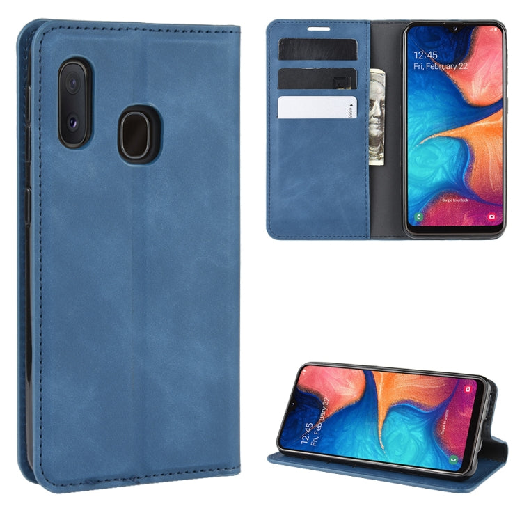 For Galaxy A20e Retro-skin Business Magnetic Suction Leather Case with Holder & Card Slots & Wallet