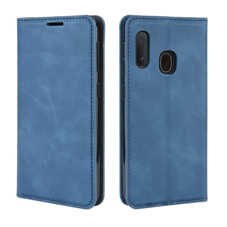 For Galaxy A20e Retro-skin Business Magnetic Suction Leather Case with Holder & Card Slots & Wallet