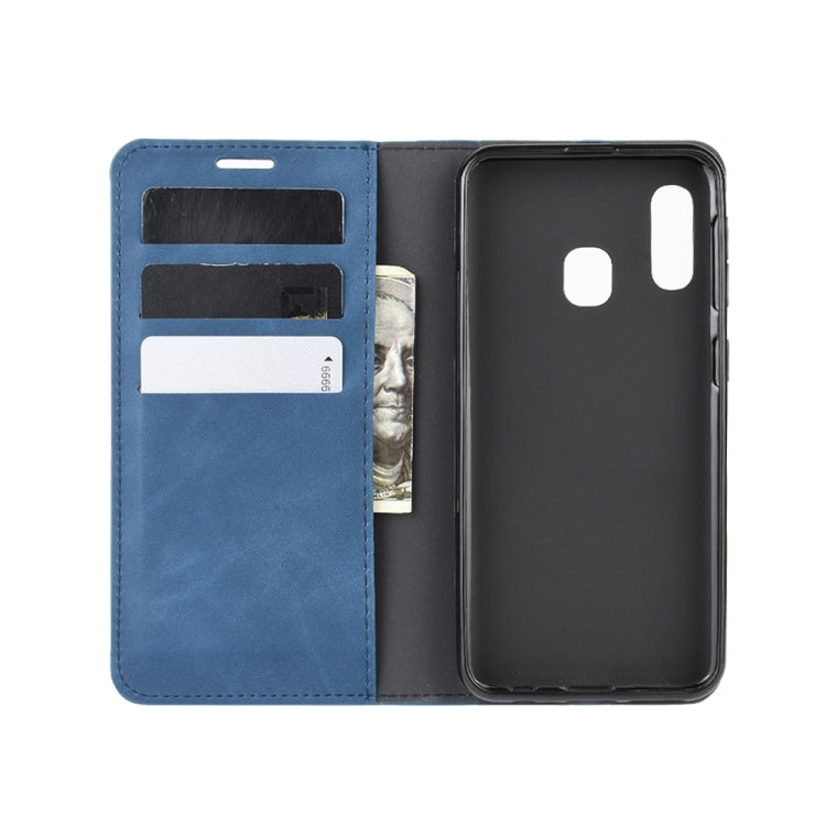 For Galaxy A20e Retro-skin Business Magnetic Suction Leather Case with Holder & Card Slots & Wallet