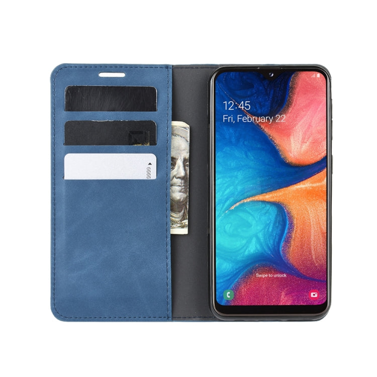 For Galaxy A20e Retro-skin Business Magnetic Suction Leather Case with Holder & Card Slots & Wallet