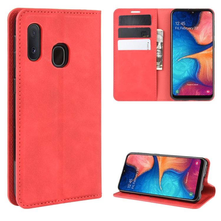 For Galaxy A20e Retro-skin Business Magnetic Suction Leather Case with Holder & Card Slots & Wallet