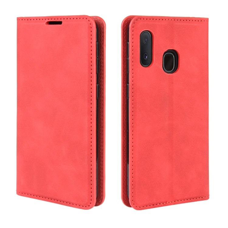 For Galaxy A20e Retro-skin Business Magnetic Suction Leather Case with Holder & Card Slots & Wallet