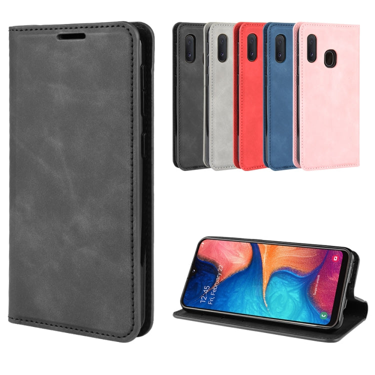 For Galaxy A20e Retro-skin Business Magnetic Suction Leather Case with Holder & Card Slots & Wallet