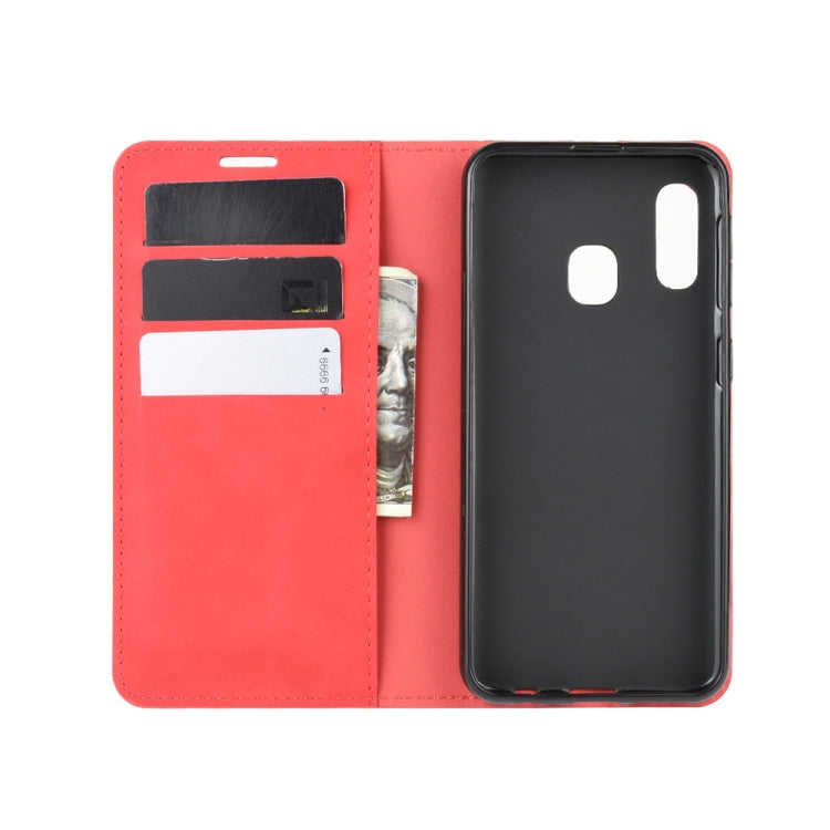 For Galaxy A20e Retro-skin Business Magnetic Suction Leather Case with Holder & Card Slots & Wallet