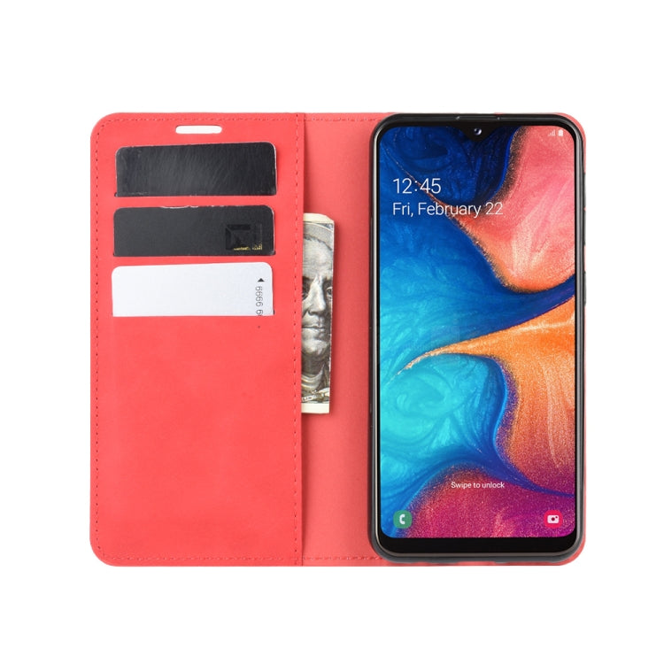 For Galaxy A20e Retro-skin Business Magnetic Suction Leather Case with Holder & Card Slots & Wallet