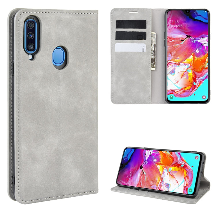 For Galaxy A20s Retro-skin Business Magnetic Suction Leather Case with Holder & Card Slots & Wallet