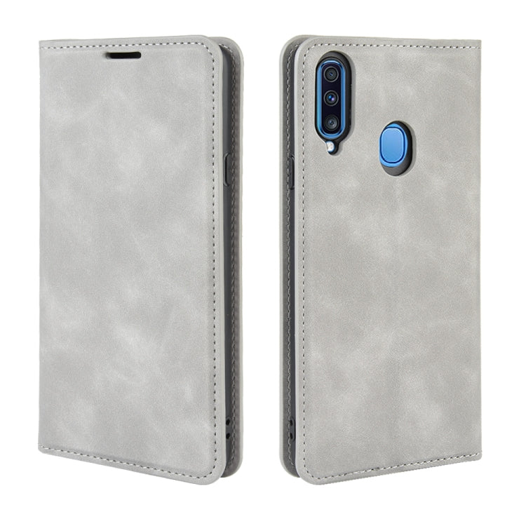 For Galaxy A20s Retro-skin Business Magnetic Suction Leather Case with Holder & Card Slots & Wallet