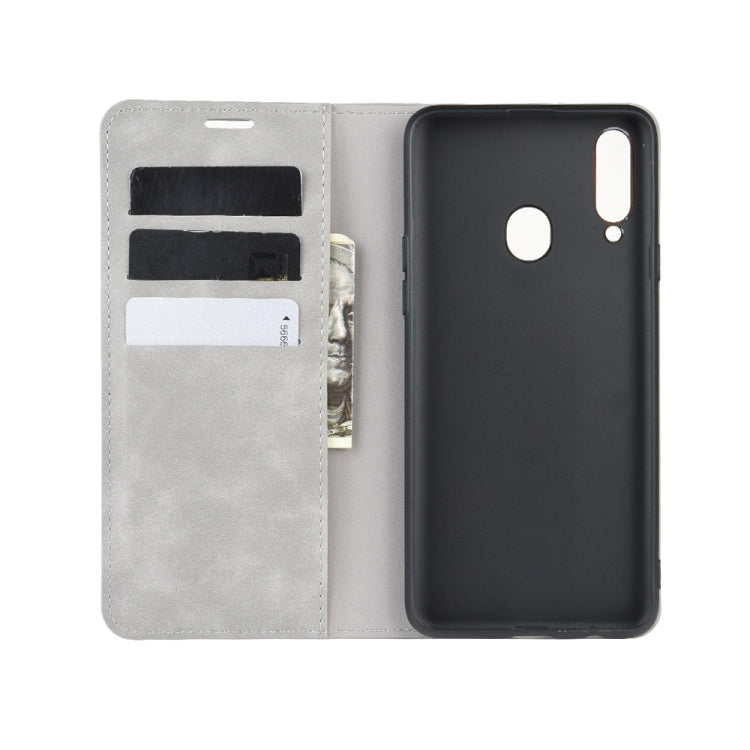 For Galaxy A20s Retro-skin Business Magnetic Suction Leather Case with Holder & Card Slots & Wallet