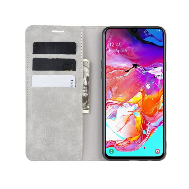 For Galaxy A20s Retro-skin Business Magnetic Suction Leather Case with Holder & Card Slots & Wallet