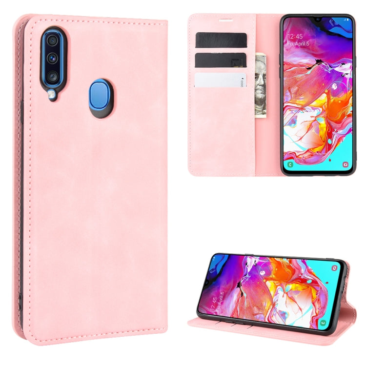 For Galaxy A20s Retro-skin Business Magnetic Suction Leather Case with Holder & Card Slots & Wallet