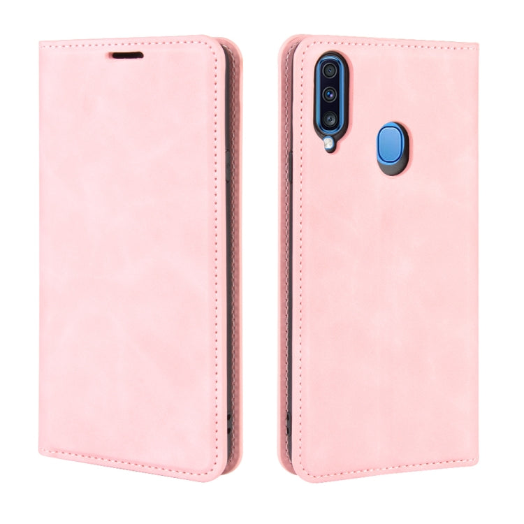 For Galaxy A20s Retro-skin Business Magnetic Suction Leather Case with Holder & Card Slots & Wallet