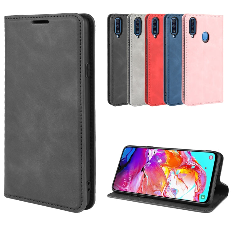 For Galaxy A20s Retro-skin Business Magnetic Suction Leather Case with Holder & Card Slots & Wallet