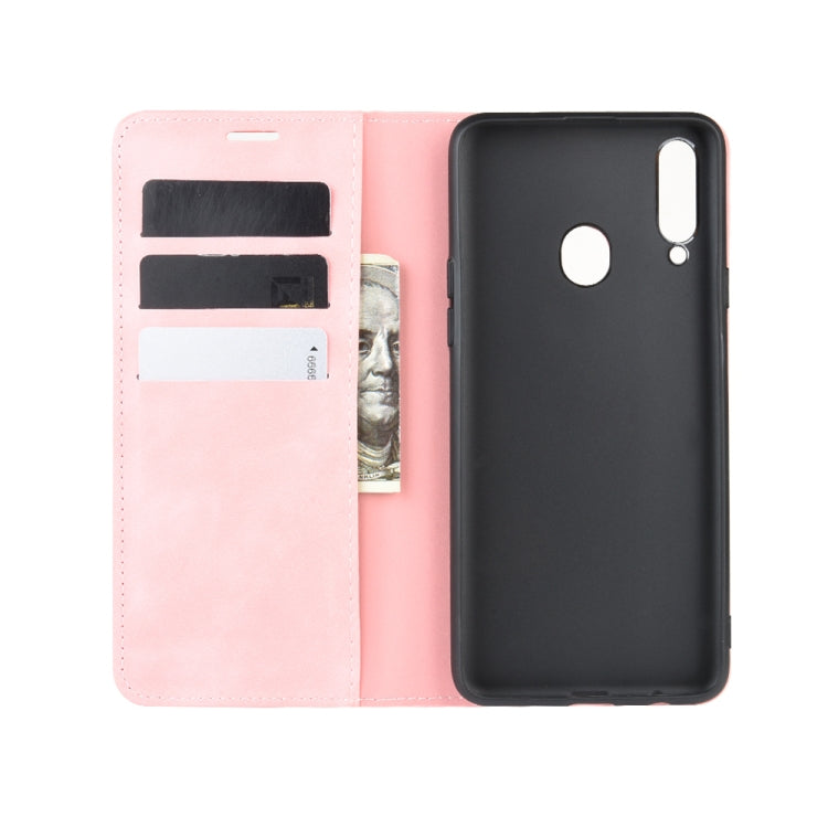 For Galaxy A20s Retro-skin Business Magnetic Suction Leather Case with Holder & Card Slots & Wallet