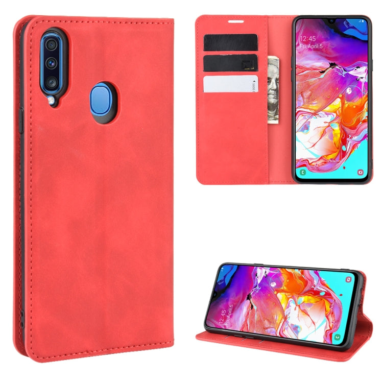 For Galaxy A20s Retro-skin Business Magnetic Suction Leather Case with Holder & Card Slots & Wallet