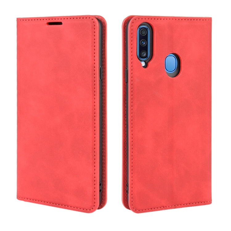 For Galaxy A20s Retro-skin Business Magnetic Suction Leather Case with Holder & Card Slots & Wallet