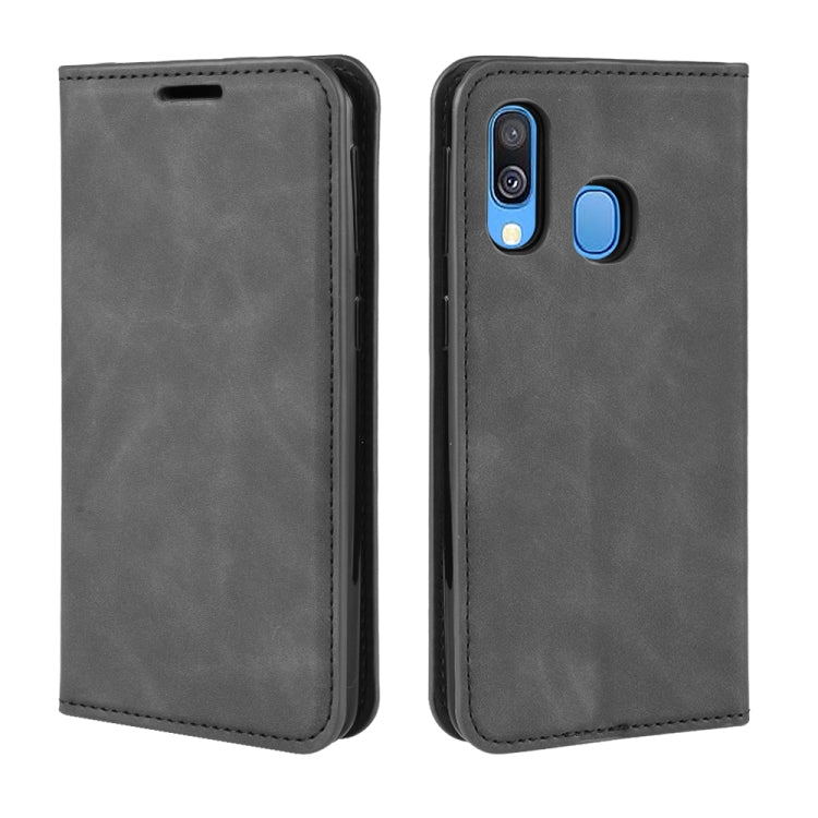 For Galaxy A40 Retro-skin Business Magnetic Suction Leather Case with Holder & Card Slots & Wallet