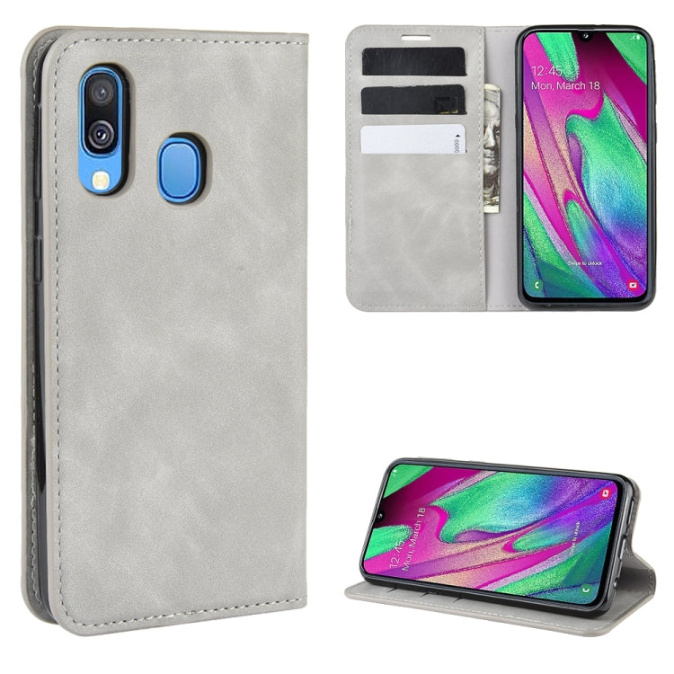 For Galaxy A40 Retro-skin Business Magnetic Suction Leather Case with Holder & Card Slots & Wallet