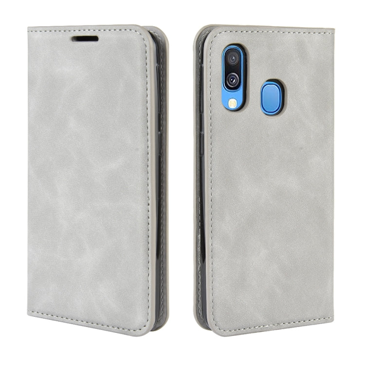 For Galaxy A40 Retro-skin Business Magnetic Suction Leather Case with Holder & Card Slots & Wallet