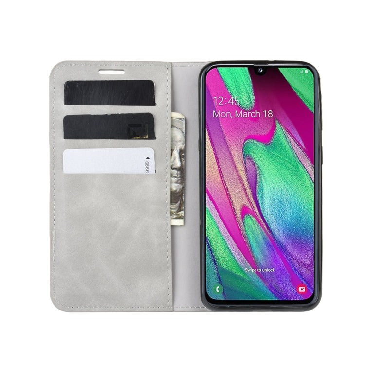 For Galaxy A40 Retro-skin Business Magnetic Suction Leather Case with Holder & Card Slots & Wallet