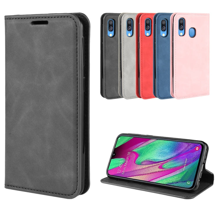 For Galaxy A40 Retro-skin Business Magnetic Suction Leather Case with Holder & Card Slots & Wallet