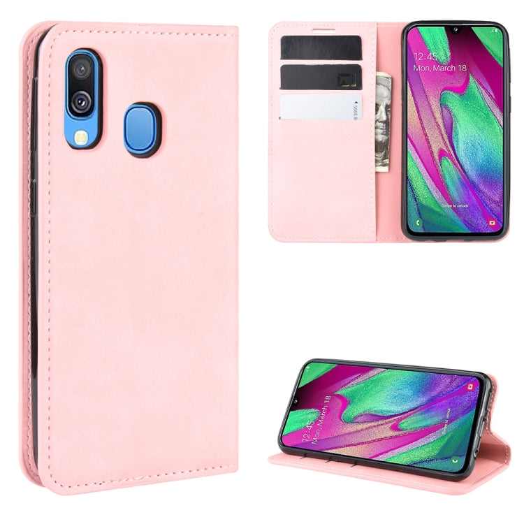 For Galaxy A40 Retro-skin Business Magnetic Suction Leather Case with Holder & Card Slots & Wallet