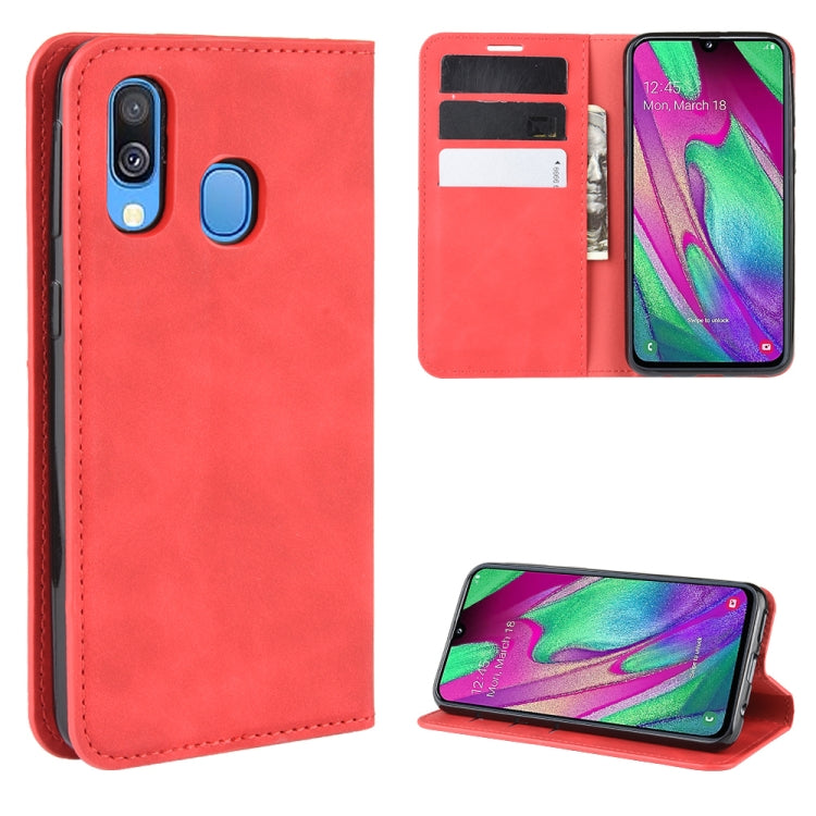 For Galaxy A40 Retro-skin Business Magnetic Suction Leather Case with Holder & Card Slots & Wallet