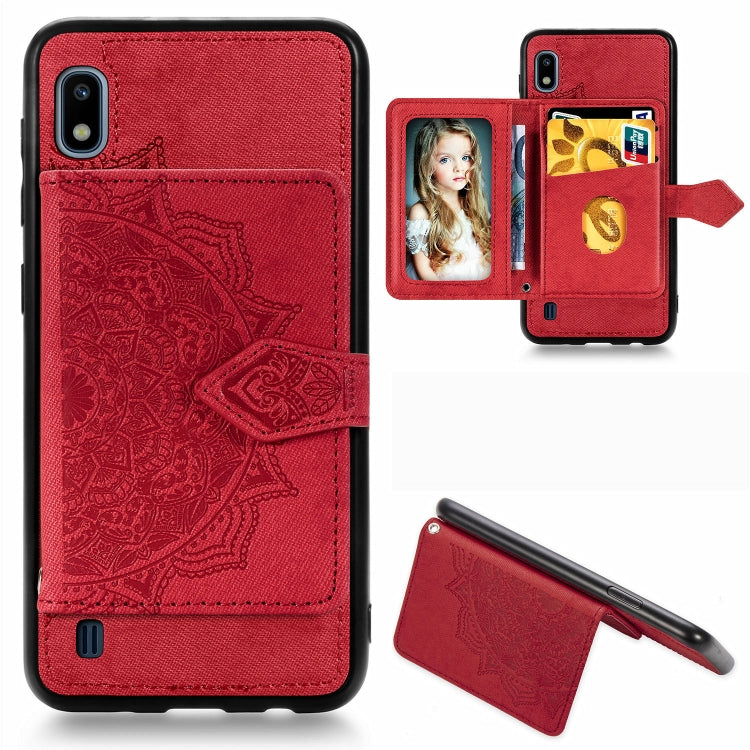 For Galaxy A10 Mandala Embossed Magnetic Cloth PU + TPU + PC Case with Holder & Card Slots & Wallet & Photo Frame & Strap