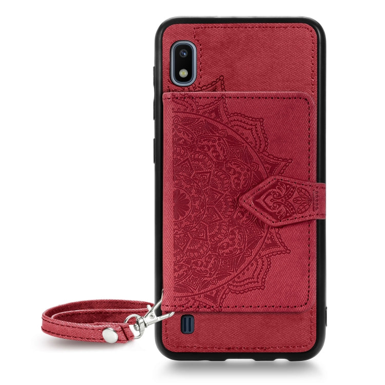 For Galaxy A10 Mandala Embossed Magnetic Cloth PU + TPU + PC Case with Holder & Card Slots & Wallet & Photo Frame & Strap