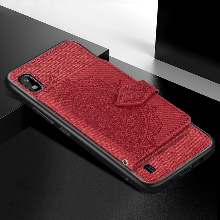 For Galaxy A10 Mandala Embossed Magnetic Cloth PU + TPU + PC Case with Holder & Card Slots & Wallet & Photo Frame & Strap