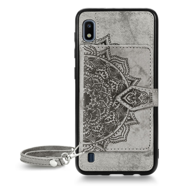 For Galaxy A10 Mandala Embossed Magnetic Cloth PU + TPU + PC Case with Holder & Card Slots & Wallet & Photo Frame & Strap