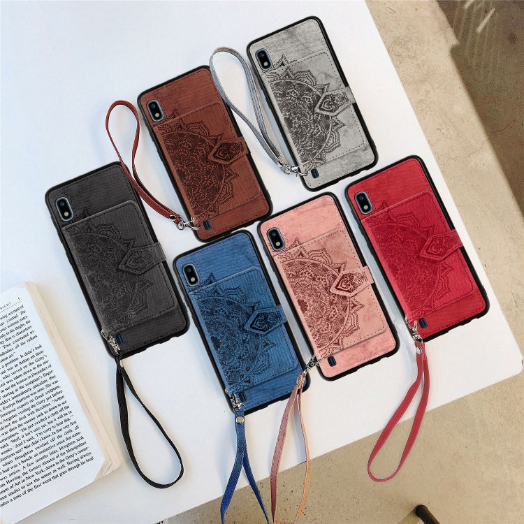 For Galaxy A10 Mandala Embossed Magnetic Cloth PU + TPU + PC Case with Holder & Card Slots & Wallet & Photo Frame & Strap